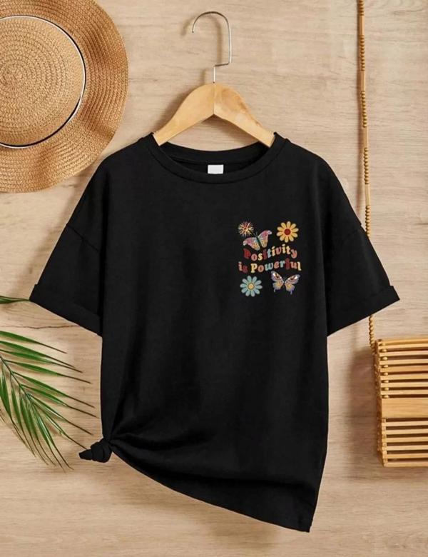 Kız Çocuk Bisiklet Yaka Baskılı T-Shirt - Siyah - Image 1