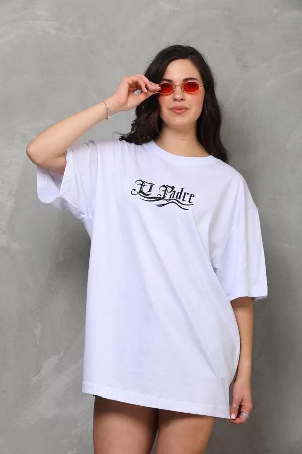 Unisex Bisiklet Yaka Baskılı Oversize T-Shirt - Beyaz - Image 1