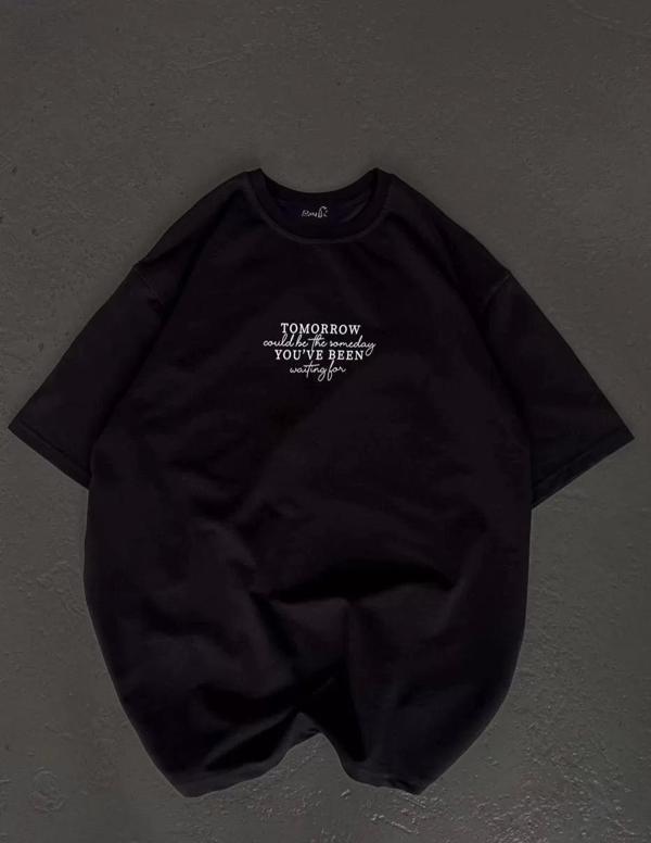 Unisex Bisiklet Yaka Baskılı Oversize T-Shirt - Siyah - Image 1