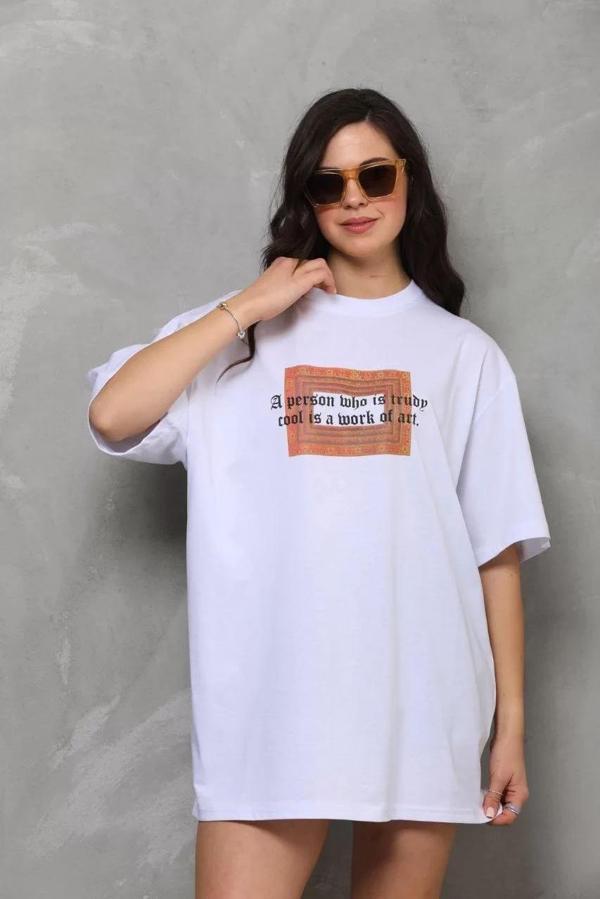 Unisex Bisiklet Yaka Baskılı Oversize T-Shirt - Beyaz - Image 1
