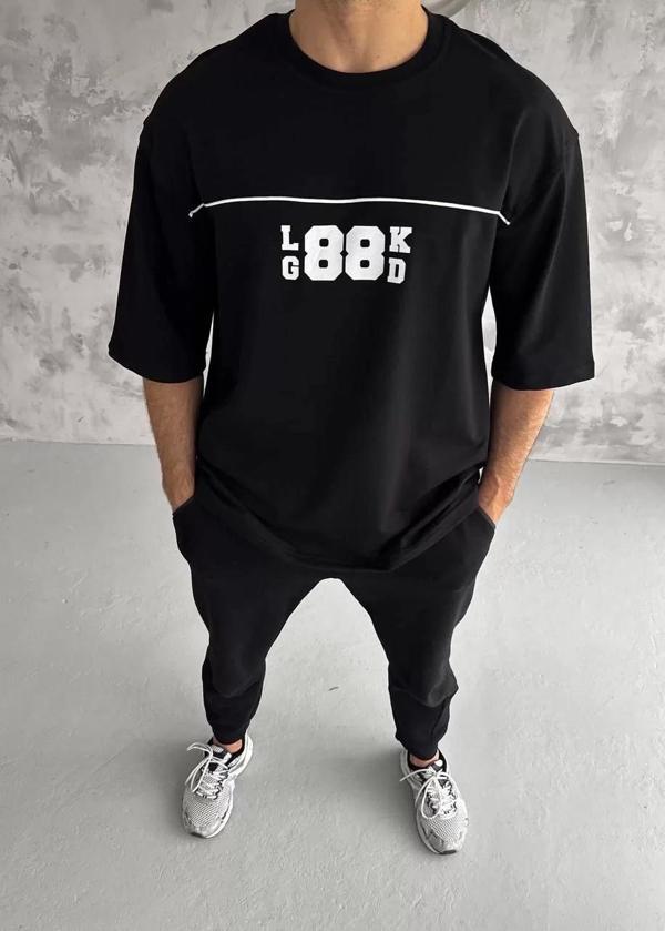 Unisex Bisiklet Yaka Baskılı Oversize T-Shirt - Siyah - Image 1
