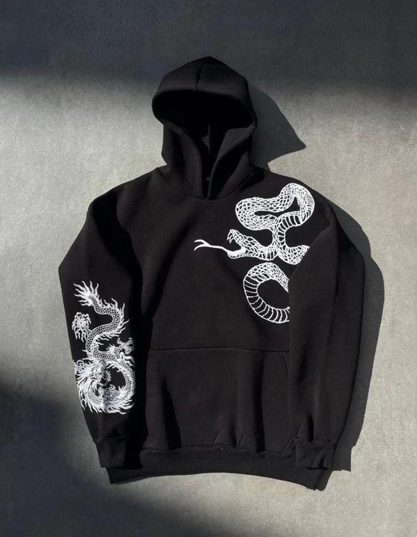 Uzun Kol Kapüşonlu Baskılı SweatShirt - Siyah - Image 1