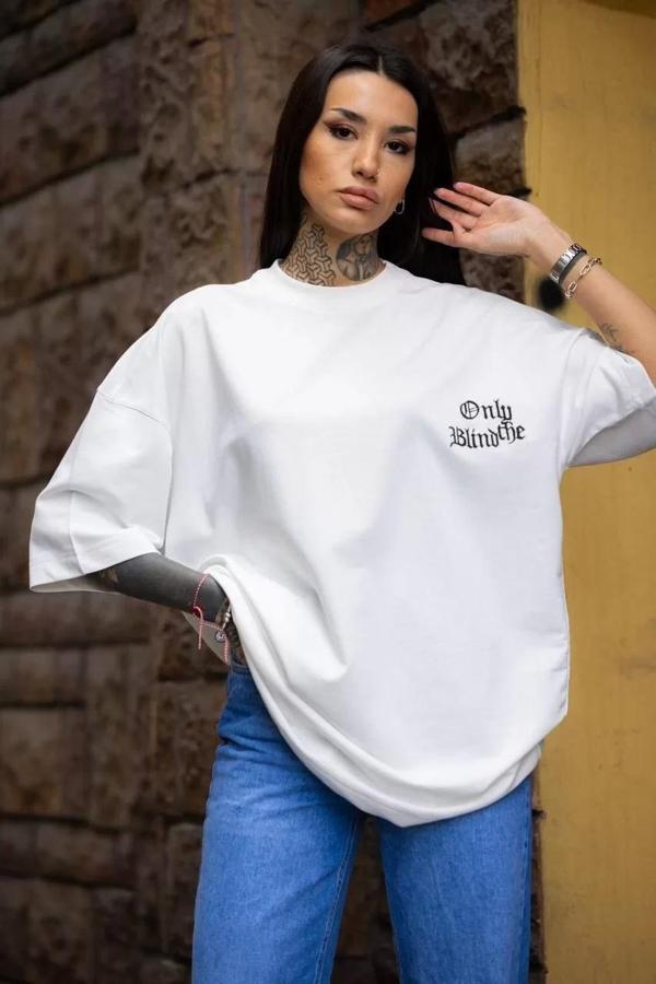 Unisex Bisiklet Yaka Baskılı Oversize T-Shirt - Beyaz - Image 1