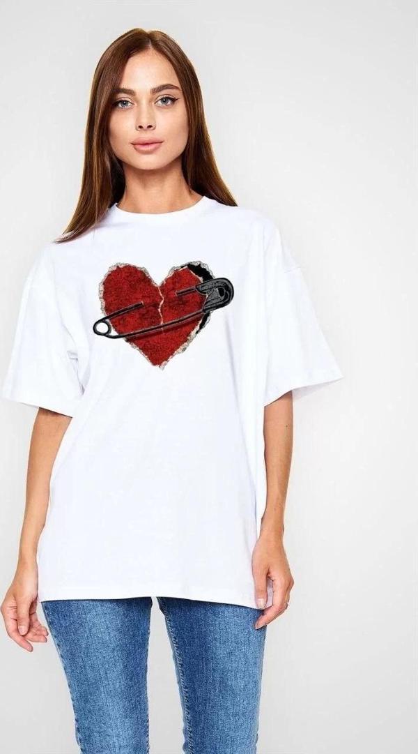 Unisex Bisiklet Yaka Baskılı Oversize T-Shirt - Beyaz - Image 1