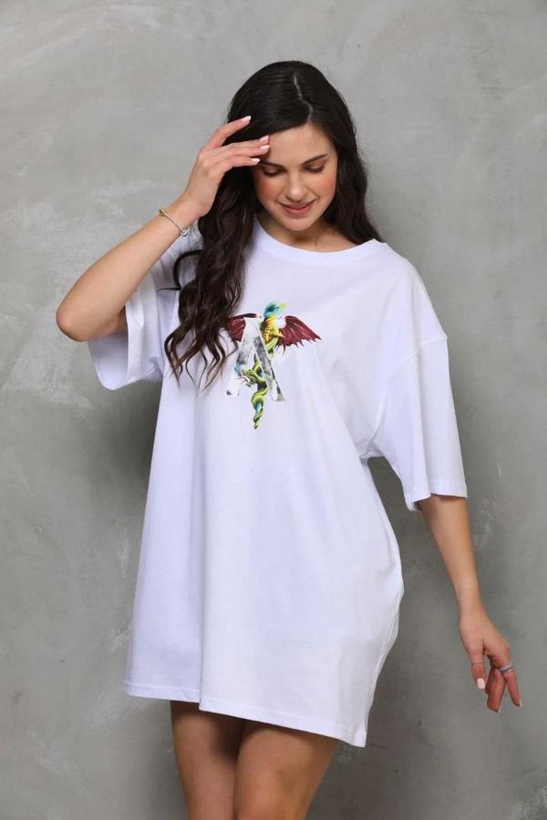 Unisex Bisiklet Yaka Baskılı Oversize T-Shirt - Beyaz - Image 1