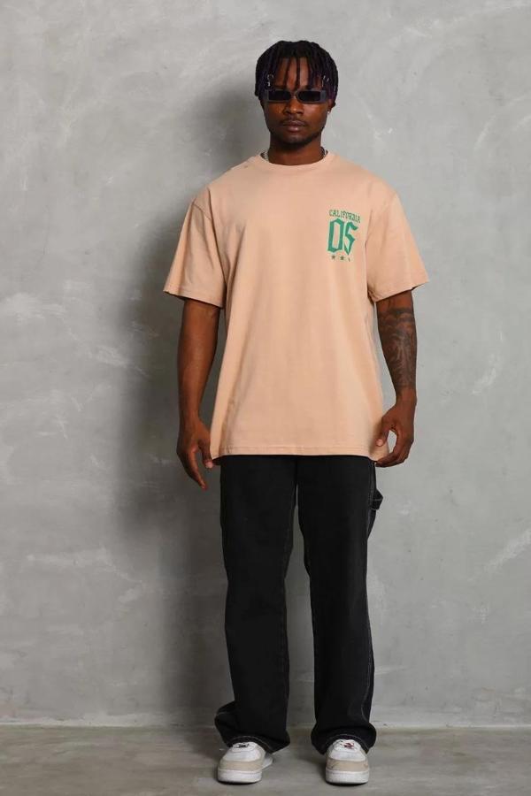 Unisex Oversize Baskılı Bisiklet Yaka T-Shirt - Bej - Image 1