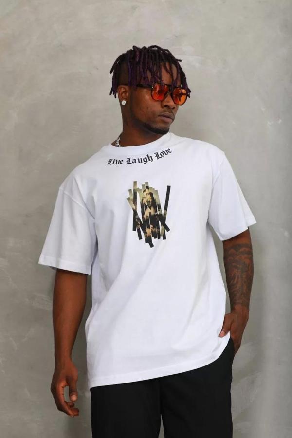 Unisex Oversize Baskılı Bisiklet Yaka T-Shirt - Beyaz - Image 1