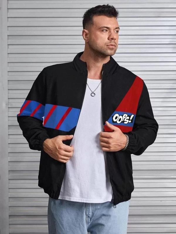 Unisex Uzun Koll Fermuarlı Baskılı Rüzgarlik - Siyah - Image 1