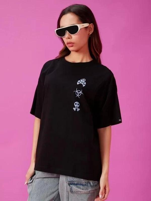 Kadın Baskılı Oversize T-shirt - Siyah - Image 1