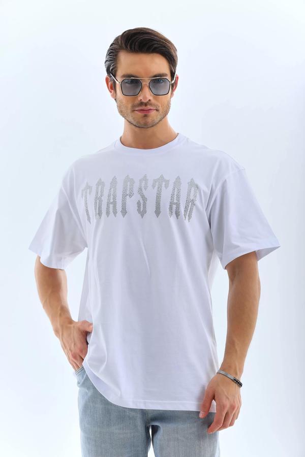 Unisex Oversize Taşlı Bisiklet Yaka T-Shirt - Beyaz - Image 1