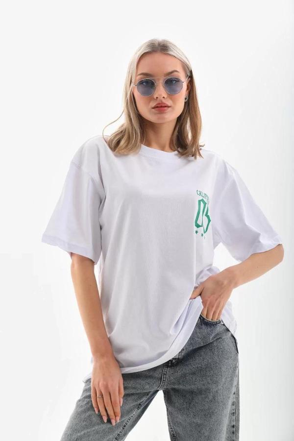 Unisex Baskılı Oversize T-Shirt - Beyaz - Image 1