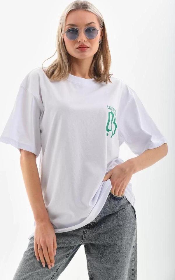 Unisex Baskılı Oversize T-Shirt - Beyaz - Image 1