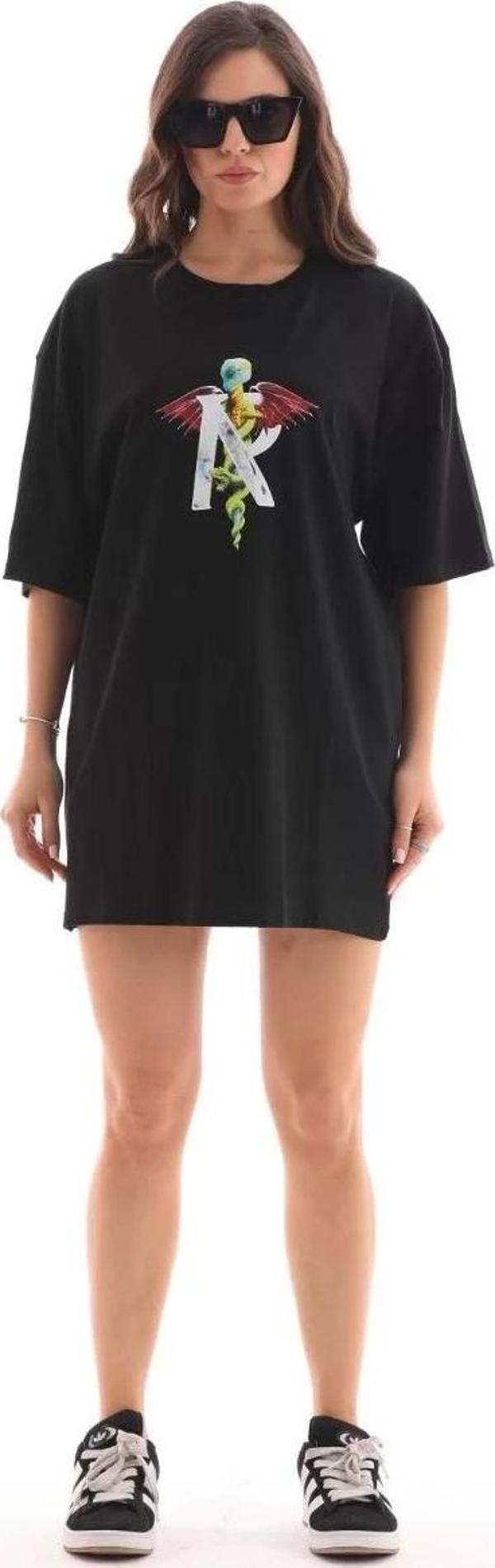 Unisex Bisiklet Yaka Baskılı Oversize T-Shirt - Siyah - Image 1