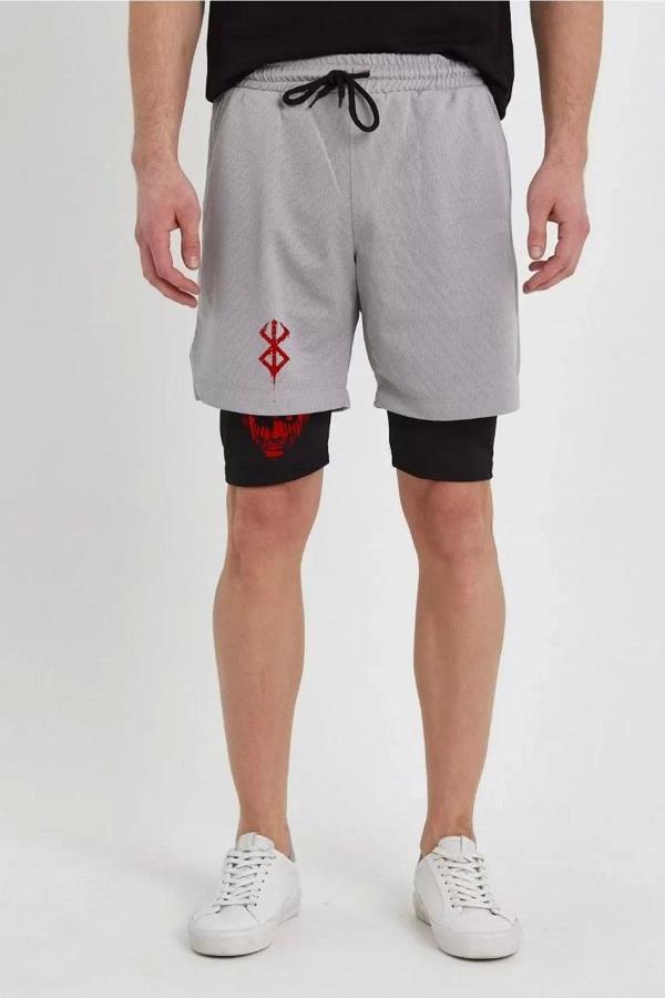 Unisex Baskılı İç Cepli Sporcu Alt Taytlı Şort - Gri - Image 1