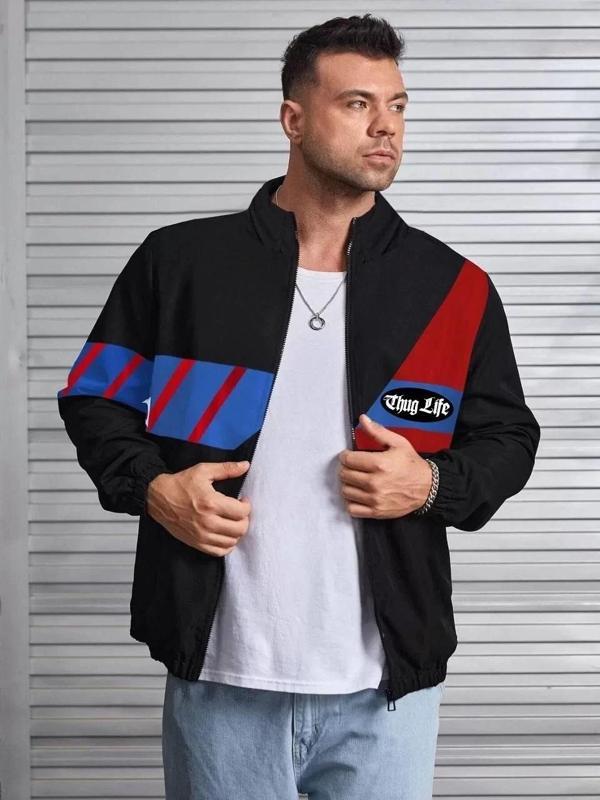 Unisex Uzun Koll Fermuarlı Baskılı Rüzgarlik - Siyah - Image 1