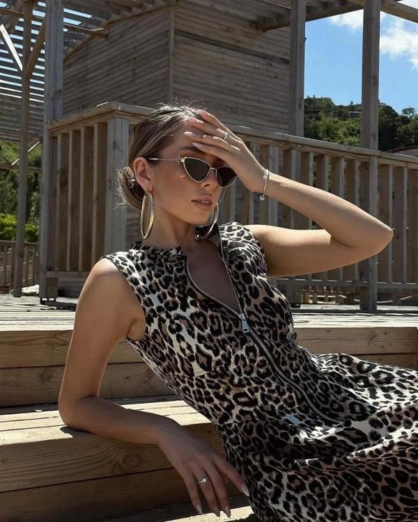 Leopar Desenli Fermuarlı Cepli Pileli Kadın Midi Elbise- Leopar - Image 1