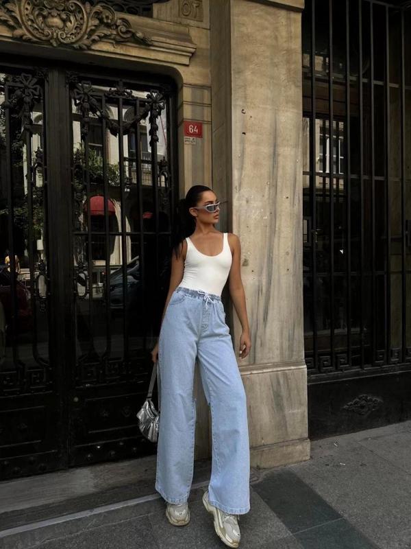 Kadın Arkadan Yırtmaçlı Jeans Kot Palazzo Pantolon - Mavi - Image 1