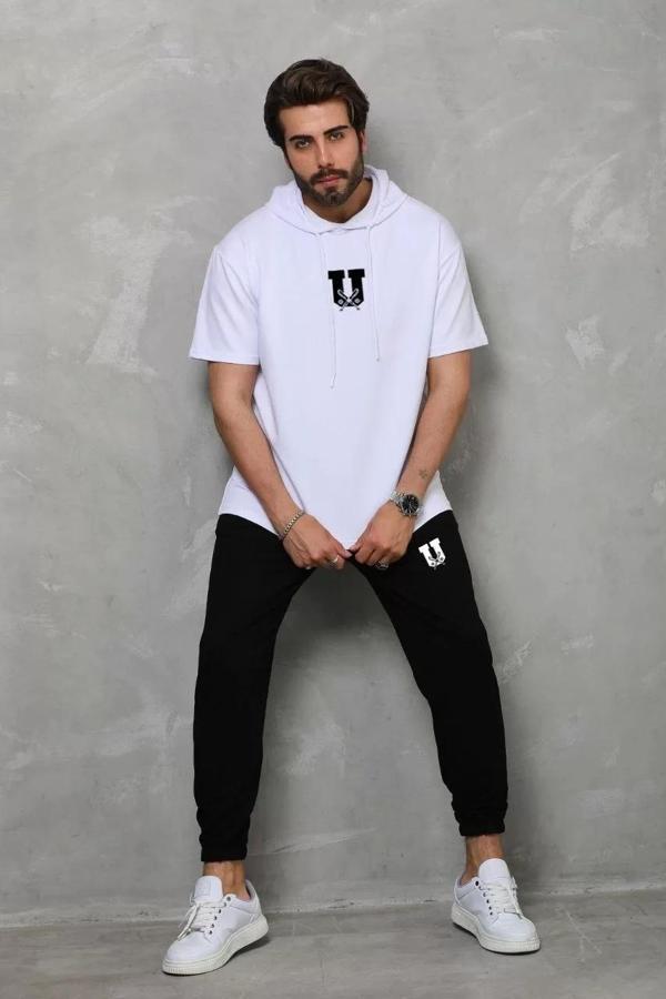 Unisex Kapşonlu Oversize T-Shirt Takım - Beyaz - Image 1