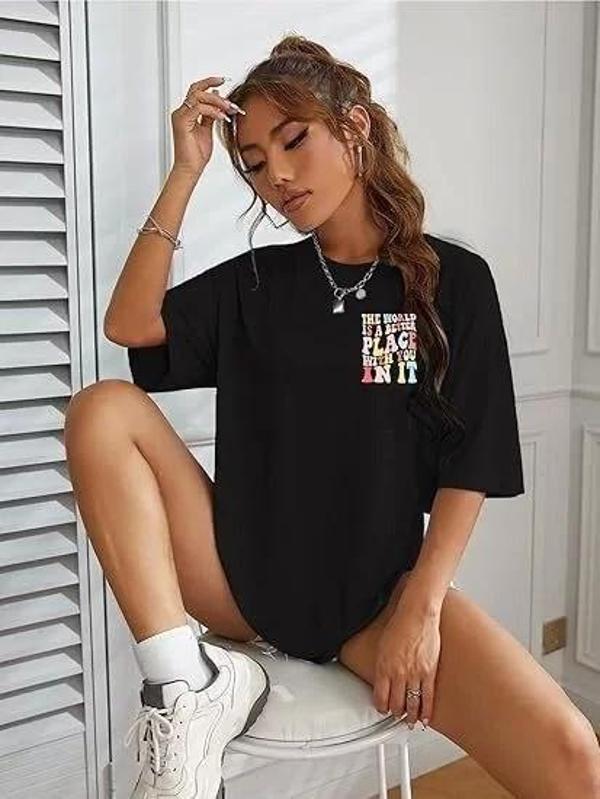 Kadın Bisiklet Yaka Baskılı T-shirt - Siyah - Image 1