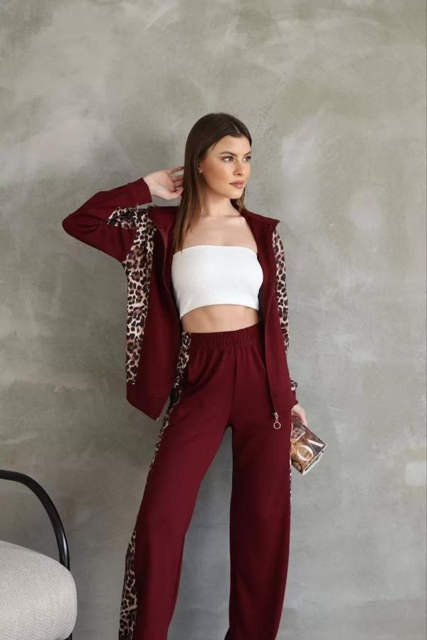 Osy Modal Yumuşak Dokulu Kumaş Kapüşonlu Leopar Desenli Fermuarlı Takım - Bordo - Image 1