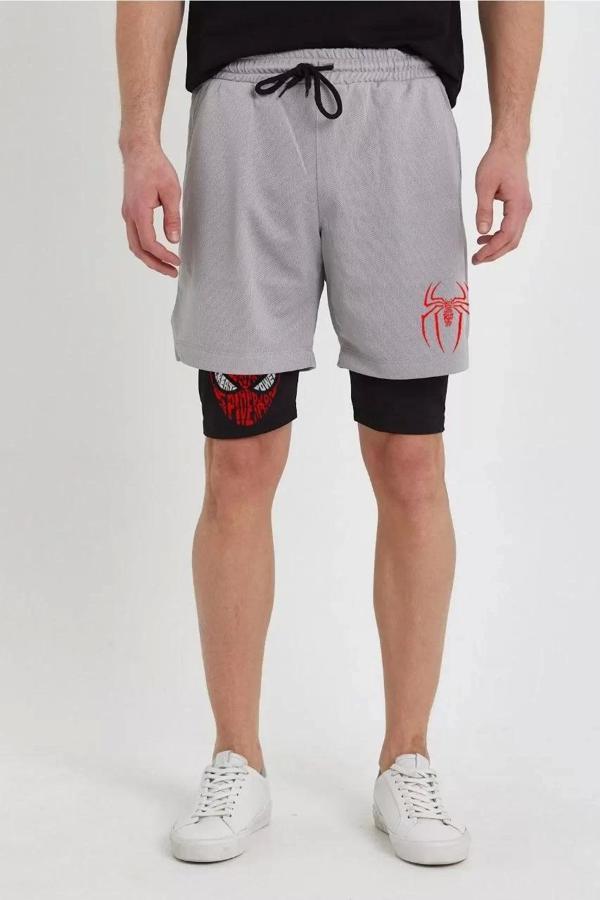 Unisex Baskılı İç Cepli Sporcu Alt Taytlı Şort - Gri - Image 1