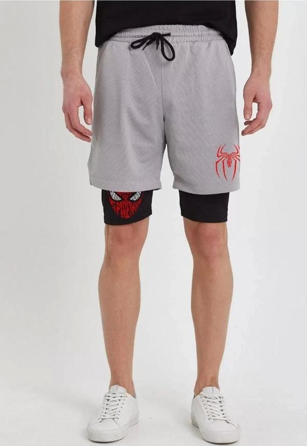 Unisex Baskılı İç Cepli Sporcu Alt Taytlı Şort - Gri - Image 1