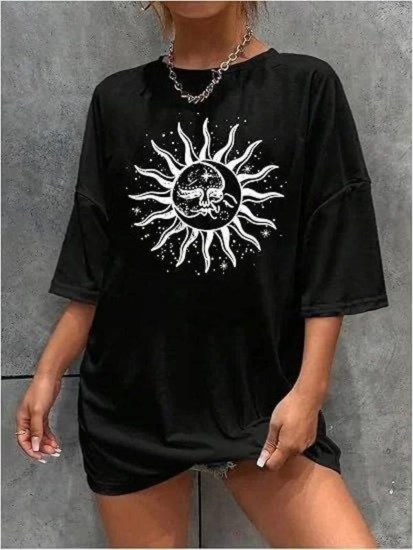 Kadın Bisiklet Yaka Baskılı T-shirt - Siyah - Image 1