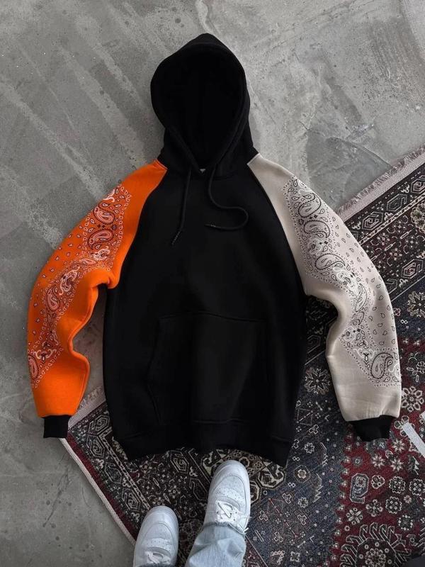 Üç İplik Penye Kapşonlu Parçalı SweatShirt - Siyah - Image 1
