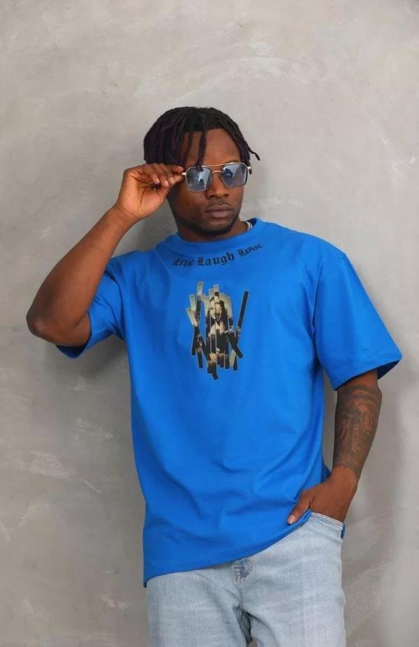 Unisex Oversize Baskılı Bisiklet Yaka T-Shirt - Mavi - Image 1