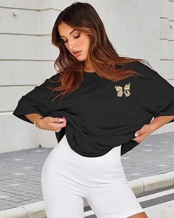 Kadın Bisiklet Yaka Baskılı T-shirt - Siyah - Image 1