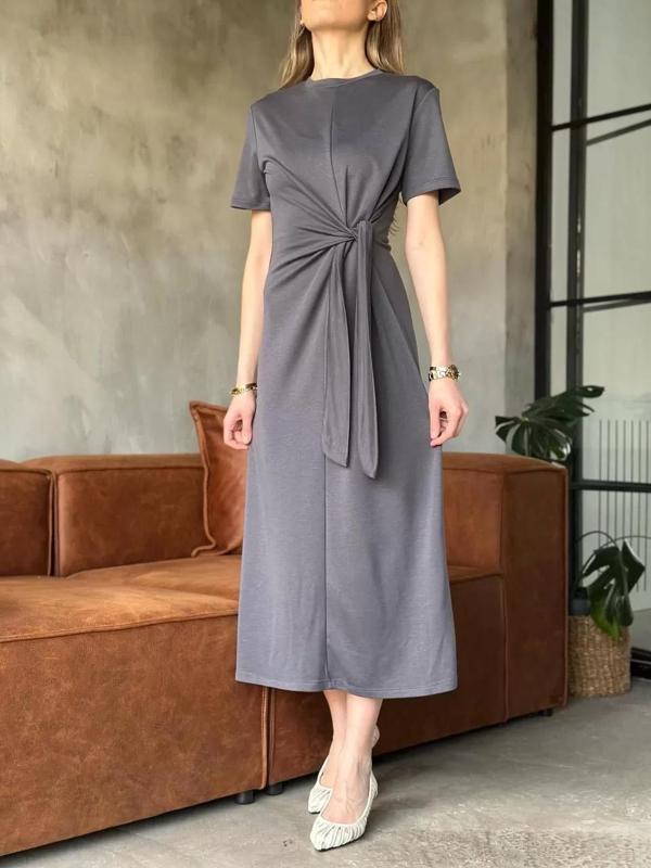 Osy Modal Yumuşak Dokulu Kumaş Yandan Bağlamalı Elbise - Gri - Image 1