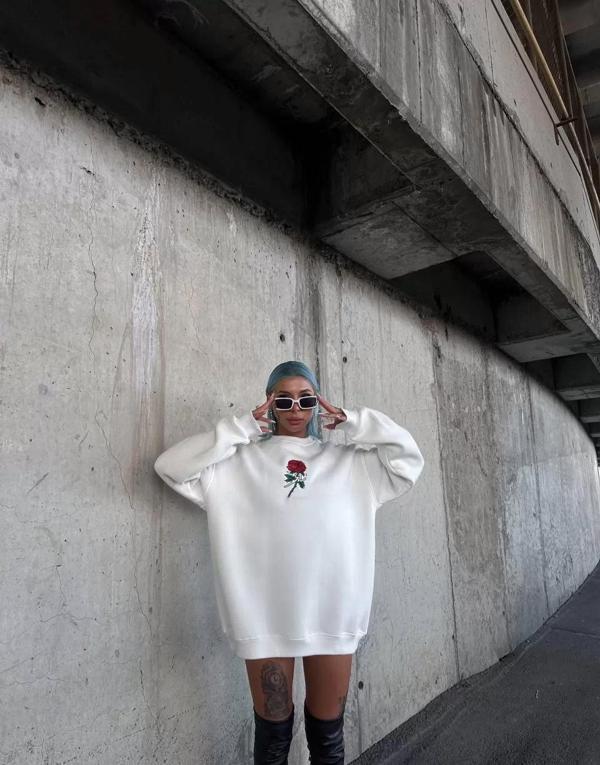 Oversize Üç İplik Bisiklet Yaka Baskılı SweatShirt - Beyaz - Image 1