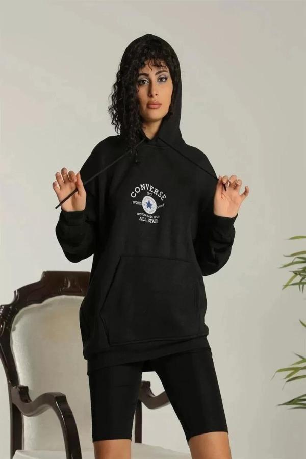 Unisex Kapüşonlu Üç İplik Oversize Baskılı Sweatshirt - Siyah - Image 1