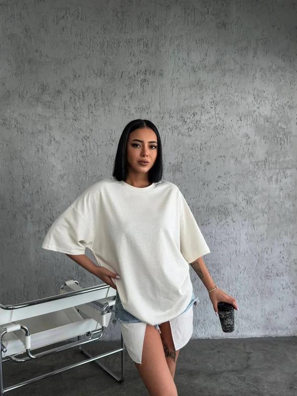 Unisex Düz Biskilet Yaka Oversize T-shirt - Beyaz - Image 1