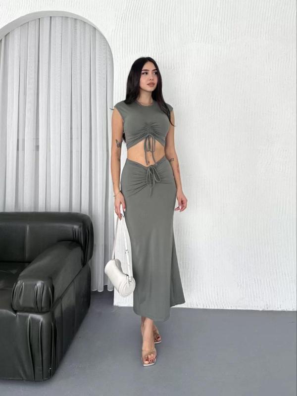 Osy Modal Yumuşak Dokulu Kumaş Büzgülü Crop Etek Takım - Mint yeşili - Image 1