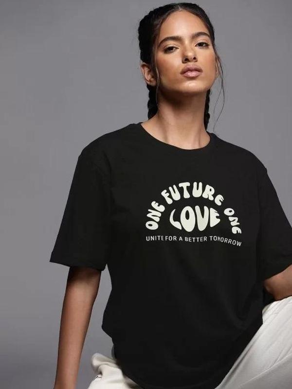Kadın Baskılı Oversize T-shirt - Siyah - Image 1