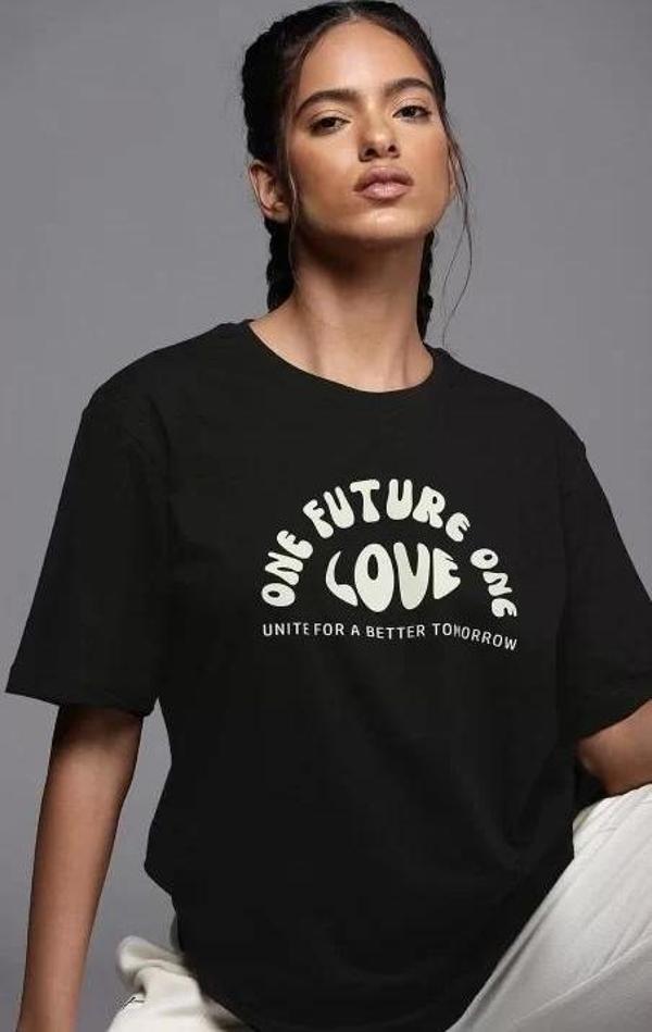 Kadın Baskılı Oversize T-shirt - Siyah - Image 1