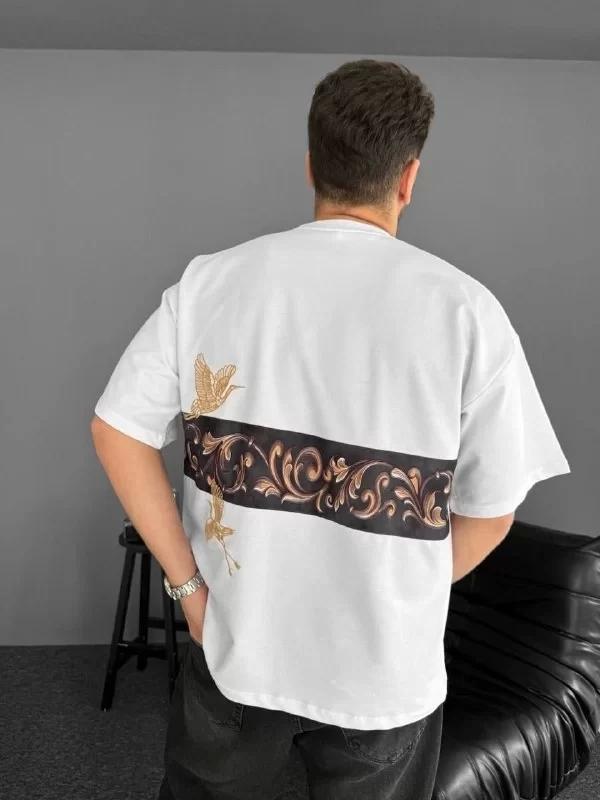 Ön ve Arka Baskılı Oversize Bisiklet Yaka T-shirt - Beyaz - Image 1