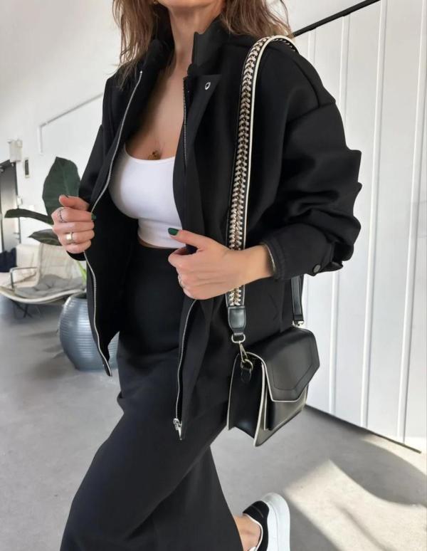 RYSE Kadın Mevsim Kaşe Fermuarlı Ceket Etek Takım Kaşmir Ceket Etekli  İkili Takım Kaşe Bomber Ceket - Image 1