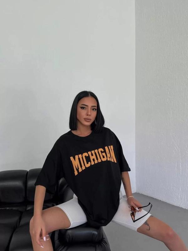 Unisex Bisiklet Yaka Baskılı Oversize T-Shirt - Siyah - Image 1