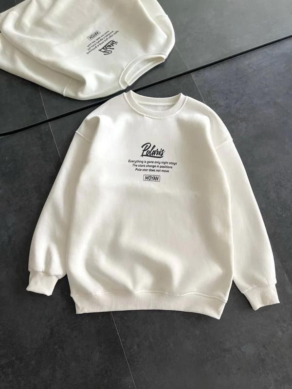 Kışlık Bisiklet Yaka Ön Ve Arka Baskılı SweatShirt - Beyaz - Image 1