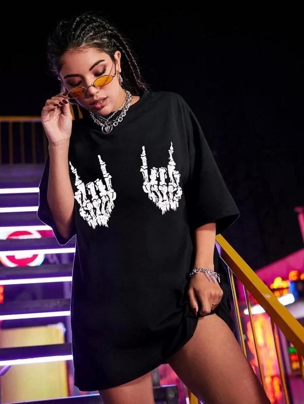 Kadın Baskılı Oversize T-shirt - Siyah - Image 1
