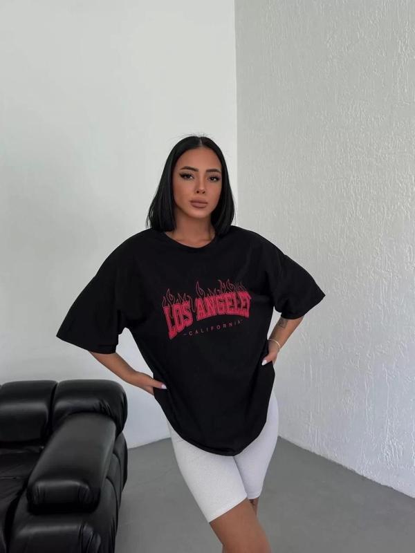 Unisex Bisiklet Yaka Baskılı Oversize T-Shirt - Siyah - Image 1