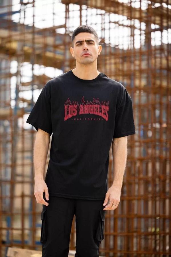 Unisex Bisiklet Yaka Baskılı Oversize T-Shirt - Siyah - Image 1