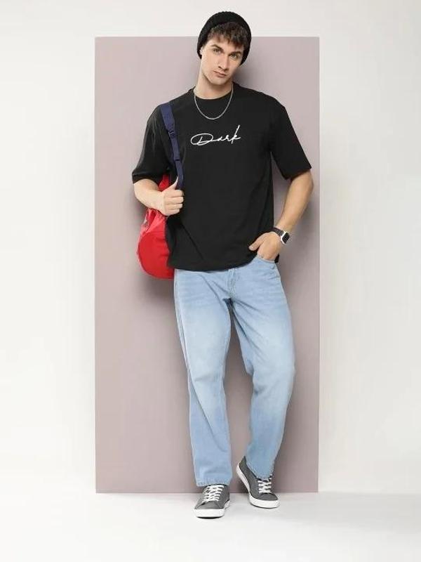 Erkek Baskılı Oversize T-shirt - Siyah - Image 1