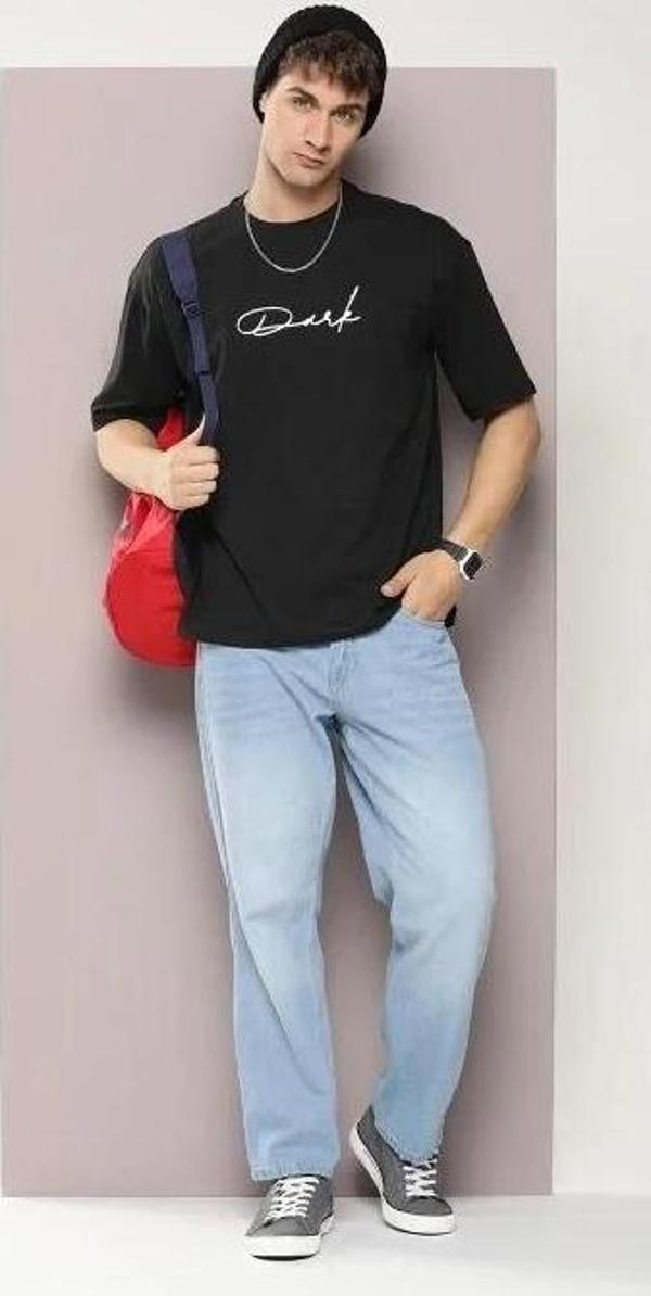 Erkek Baskılı Oversize T-shirt - Siyah - Image 1