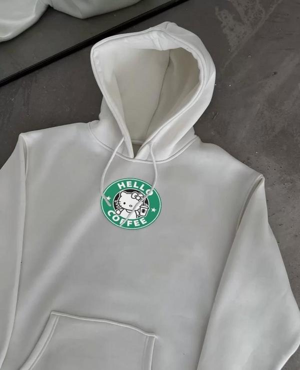 Üç İplik Penye Uzun Kol Kapüşonlu SweatShirt - Beyaz - Image 1