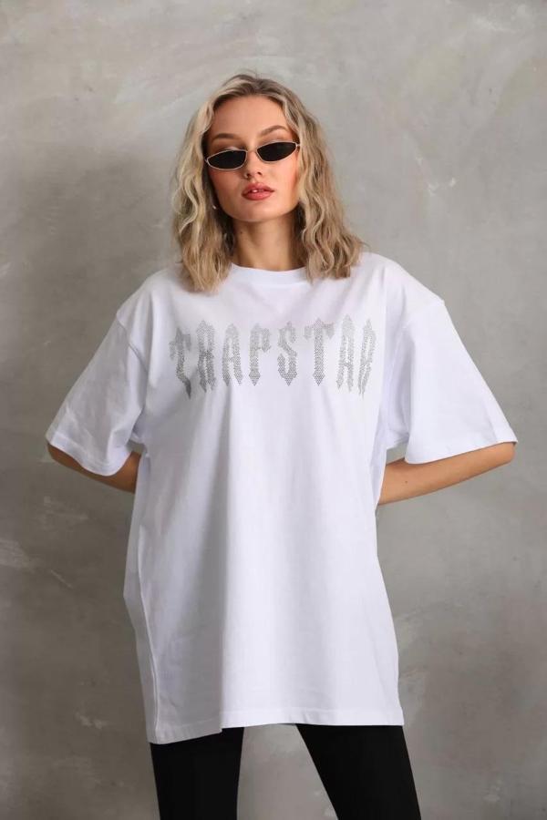 Unisex Taş Desenli Oversize T-Shirt - Beyaz - Image 1