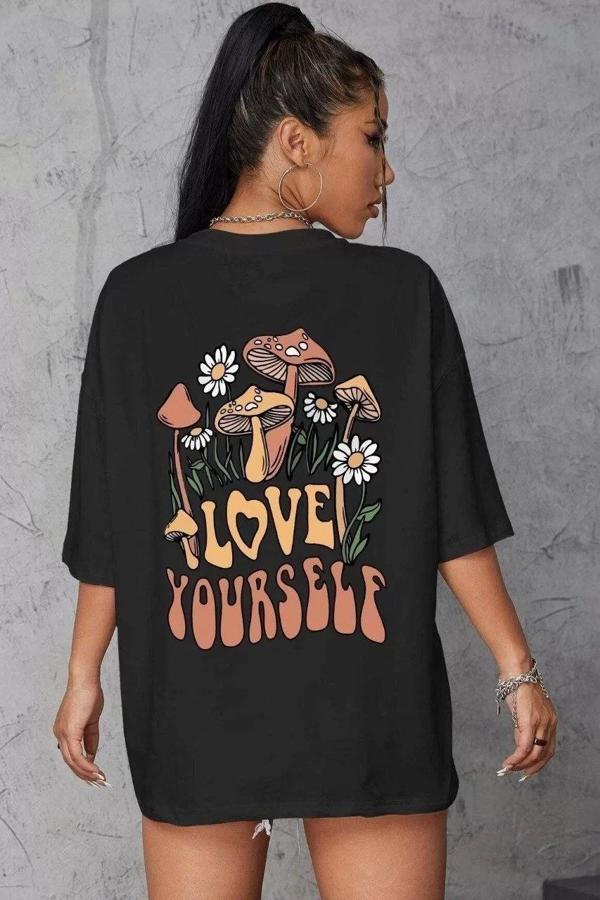 Unisex Baskılı Oversize T-Shirt - Siyah - Image 1