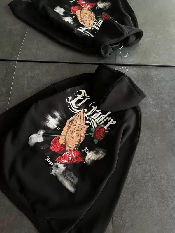 Üç İplik Penye Uzun Kol Kapşonlu Baskılı SweatShirt - Siyah - Image 1